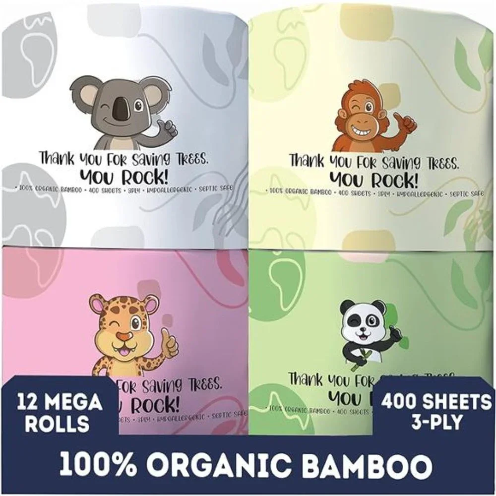 Organic Bamboo Toilet Paper | 400 Sheets 3-Ply | 12 Hypoallergenic Mega Rolls